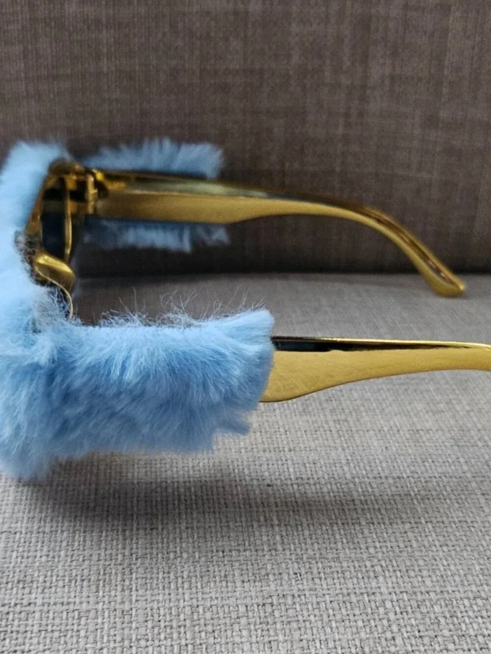 Women Sunglasses Blue Fuzzy Faux Furry Plush Gold Tone Temple Funky Eyewear